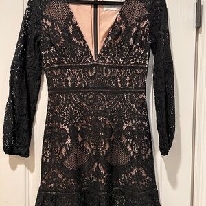 BB Dakota Black and Tan Sheath Dress with Plunge Neckline